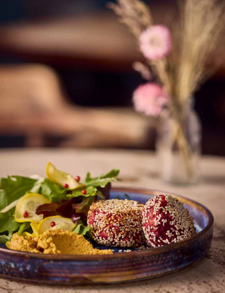 Recipe: Foxford Cafés Beetroot Patties with Roast Carrot Hummus